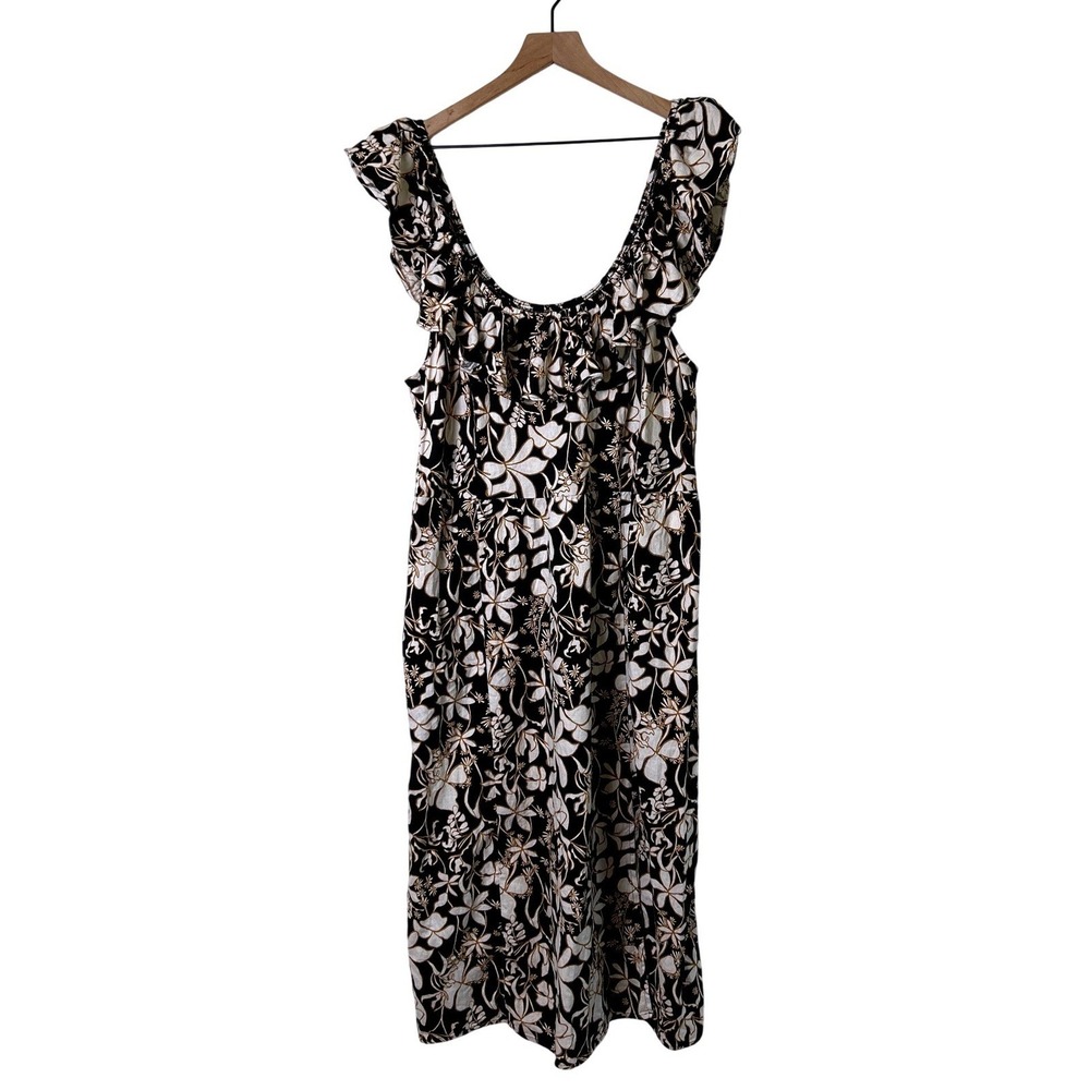 Ava & Viv Womens Linen Blend Floral Ruffle Midi Sundress Size 1X Black White Tan